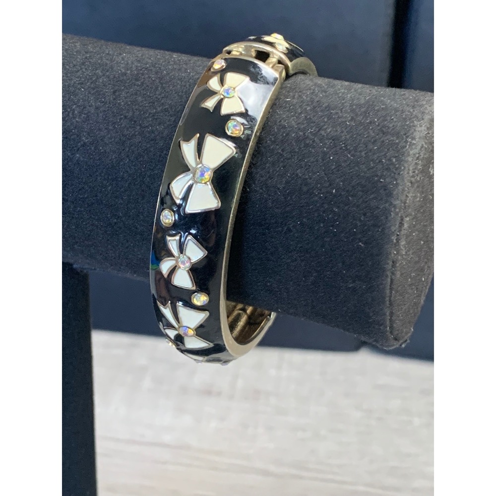 Betsey Johnson Black Enamel Cream Bow Rhinestone Hinged Bangle Bracelet